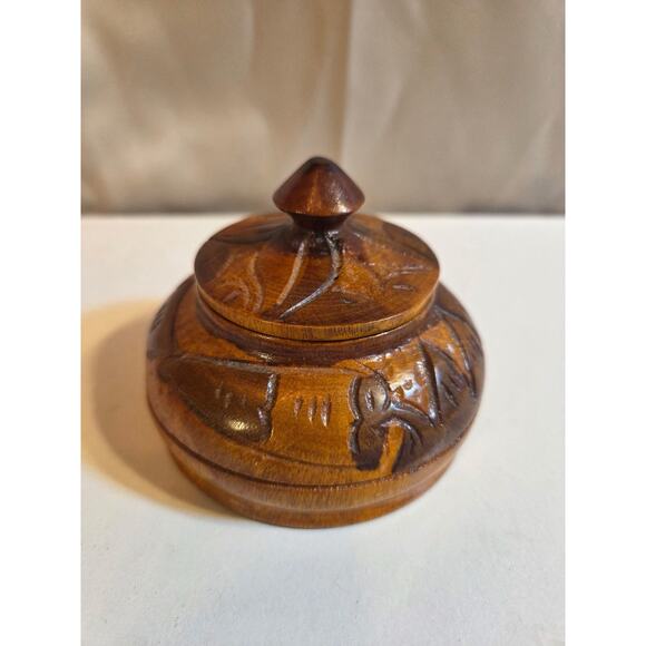 Vintage Hand Carved Wooden Trinket Box w Lid Floral Design Small Jewelry Holder - Picture 2 of 5